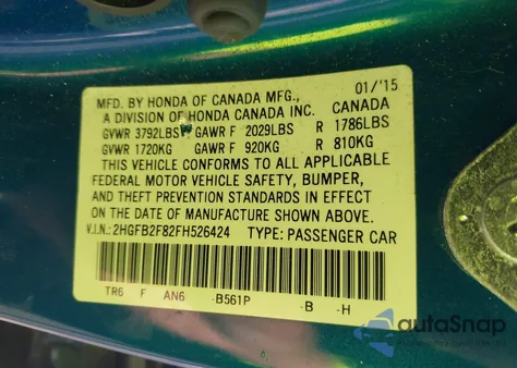 2015 Honda Civic Ex from USA, damaged, VIN 2HGFB2F82FH526424